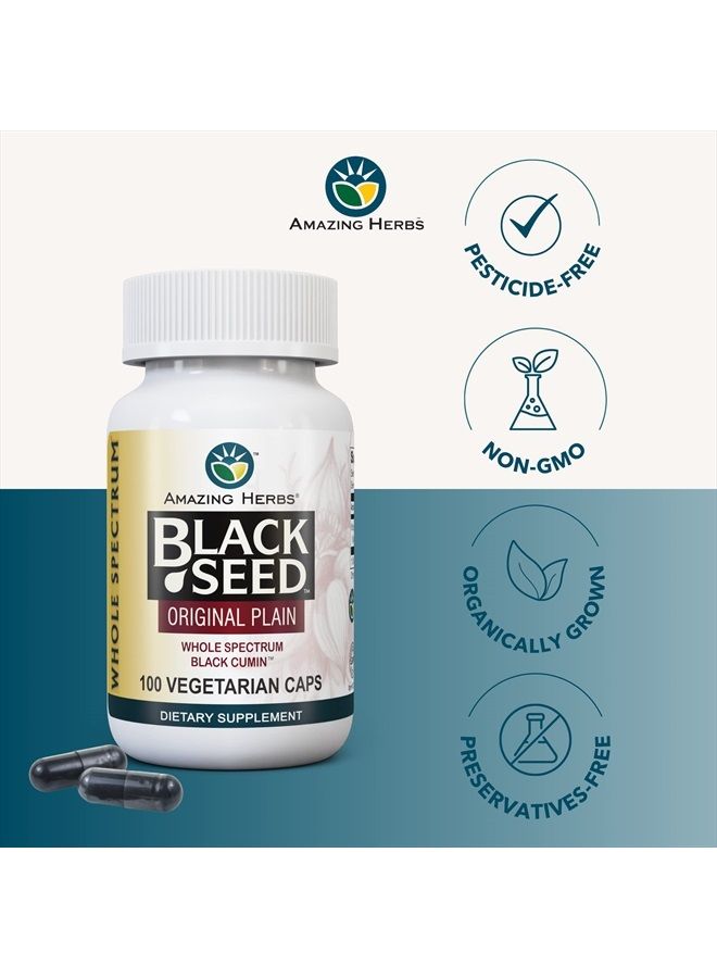 Whole Spectrum Black Seed Original Plain, Vegetarian Capsules - Gluten Free, Non GMO, Cold Pressed Nigella Sativa Aids in Digestive Health - 100 Count, 475mg