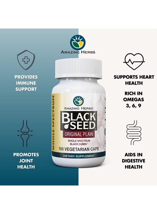 Whole Spectrum Black Seed Original Plain, Vegetarian Capsules - Gluten Free, Non GMO, Cold Pressed Nigella Sativa Aids in Digestive Health - 100 Count, 475mg