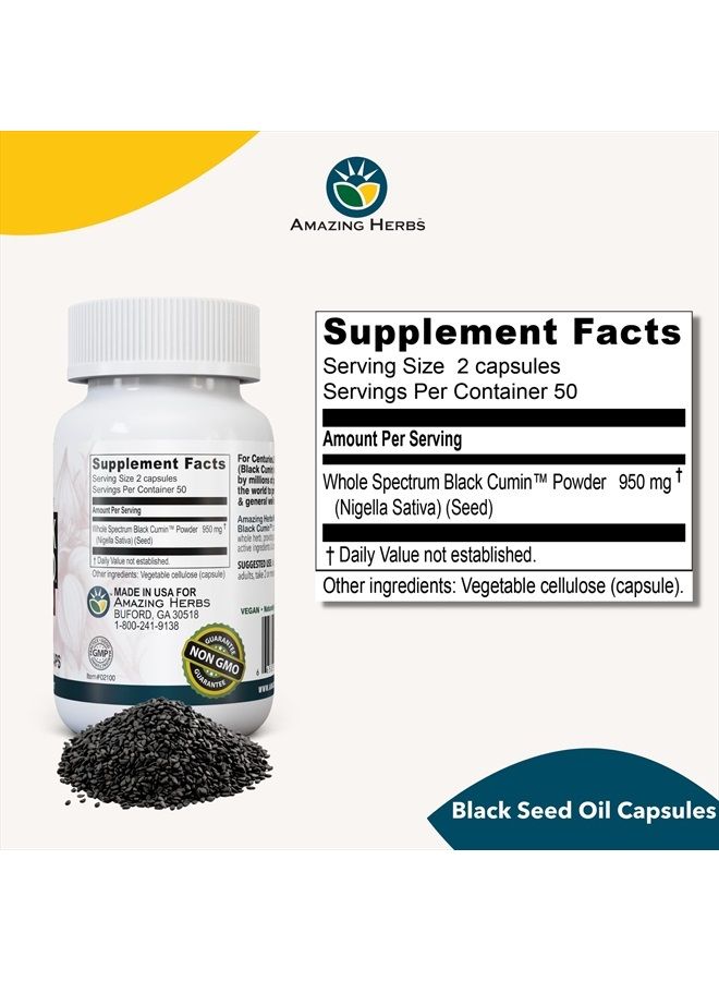 Whole Spectrum Black Seed Original Plain, Vegetarian Capsules - Gluten Free, Non GMO, Cold Pressed Nigella Sativa Aids in Digestive Health - 100 Count, 475mg