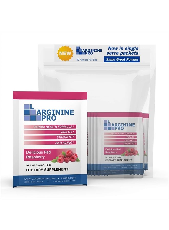Supplement ON-The-GO Single Serve Travel Packets - 5,500mg of L-arginine Plus 1,100mg L-Citrulline (1 Bag (30 Packets), Raspberry)