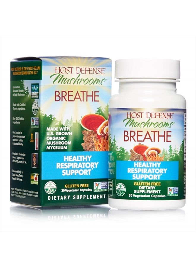 , Breathe Capsules, Respiratory Support, Mushroom Supplement with Cordyceps, Reishi and Chaga, Unflavored, 30