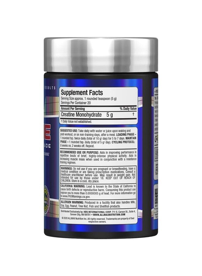 Creatine Monohydrate, Micronized Creatine Powder for Strength and Muscle Recovery, Gluten Free & Fast Absorbing, 100g