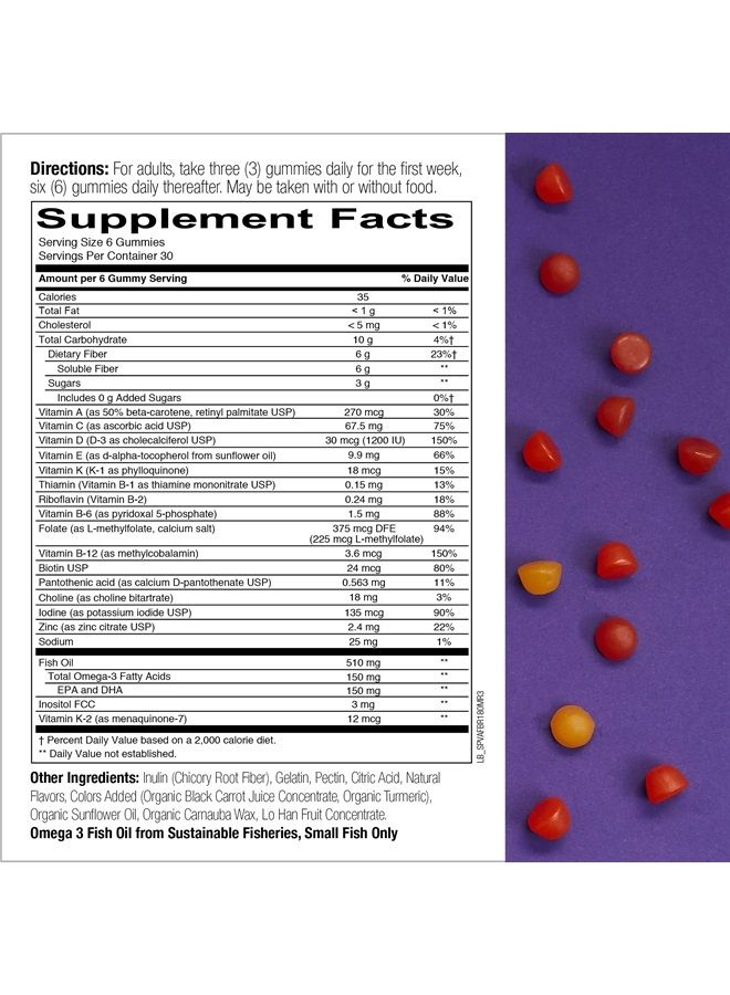 Daily Gummy Multivitamin Adult w/ Fiber: Fiber for Digestive Support, Vitamin C, D3, & Zinc for Immunity, Omega 3 Fish Oil, Vitamin B6, E, B12, 180 count (30 Day Supply)