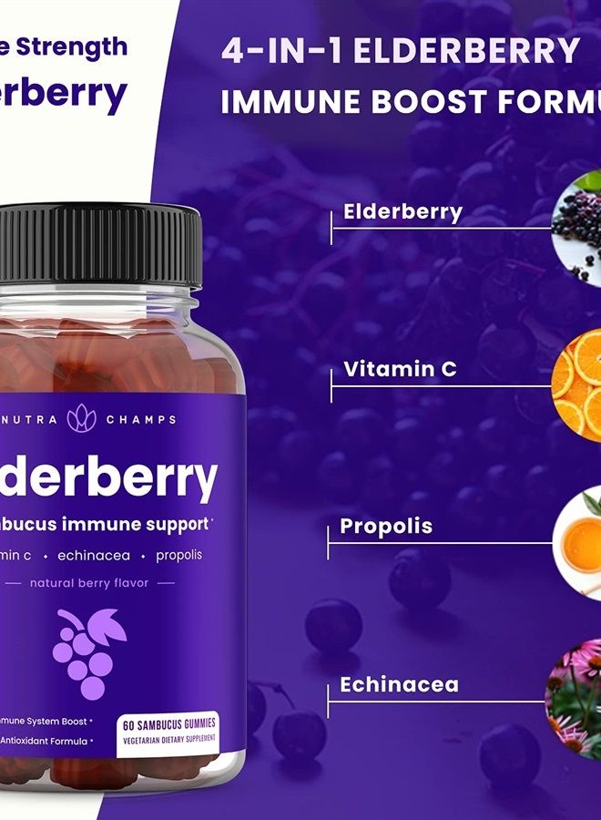 Elderberry Gummies | Sambucus Elderberry Gummies for Adults & Kids | Vitamin C, Propolis & Echinacea | Max Strength Immune Support Gummies | Natural Berry Flavor | 120 Gummies (2 Pack)