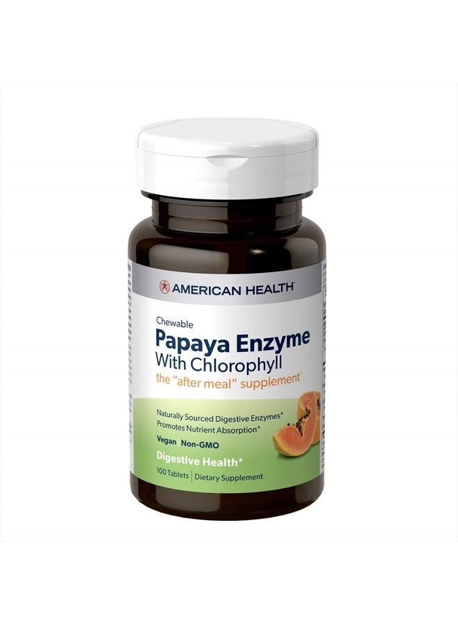 Papaya Enzyme with Chlorophyll Chewable Tablets Promotes Nutrient Absorption, Helps Digestion and Freshens Breath, Gluten-Free, Vegetarian - 100 Count