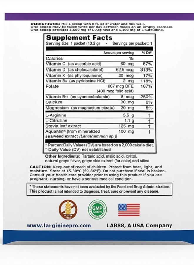 Supplement ON-The-GO Single Serve Travel Packets - 5,500mg of L-arginine Plus 1,100mg L-Citrulline (1 Bag (30 Packets), Grapeberry)