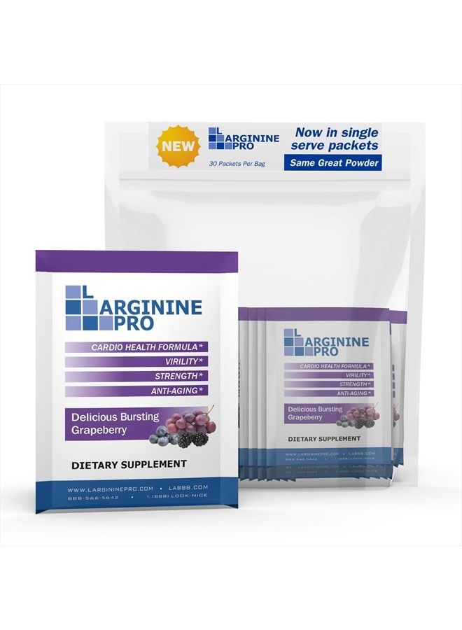 Supplement ON-The-GO Single Serve Travel Packets - 5,500mg of L-arginine Plus 1,100mg L-Citrulline (1 Bag (30 Packets), Grapeberry)
