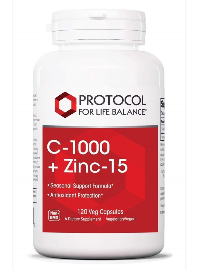 C-1000 + Zinc-15 - Healthy Immune System Support and Antioxidant Protection - 120 Veg Capsules