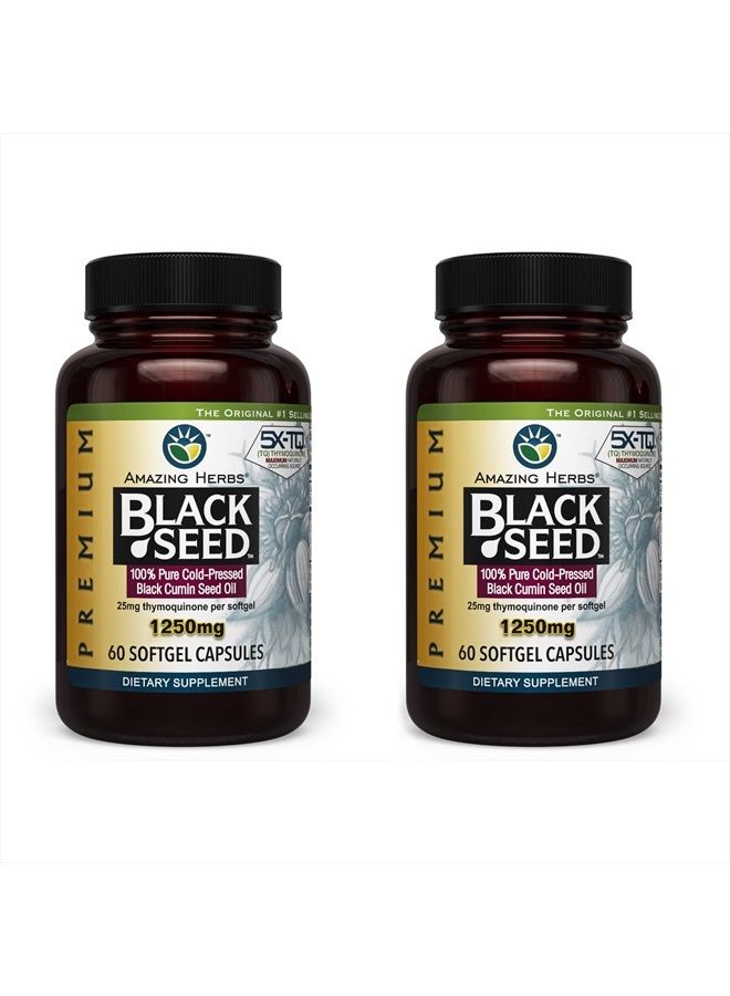 Premium Black Seed Oil Capsules - High Potency, Cold Pressed Nigella Sativa Aids in Digestive Health, Immune Support & Brain Function - 60 Count, 1250mg (Pack of 2)