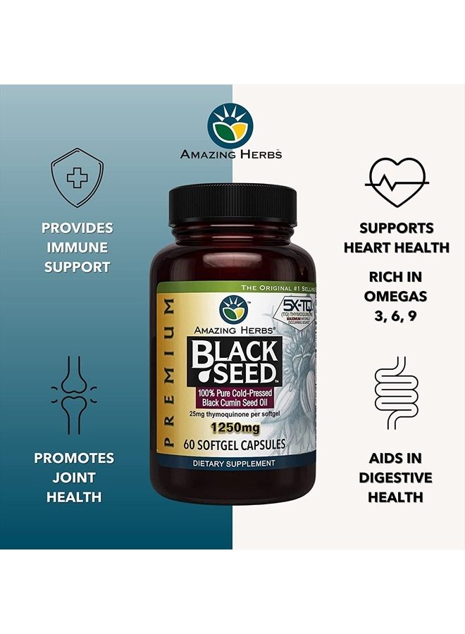 Premium Black Seed Oil Capsules - High Potency, Cold Pressed Nigella Sativa Aids in Digestive Health, Immune Support & Brain Function - 60 Count, 1250mg (Pack of 2)