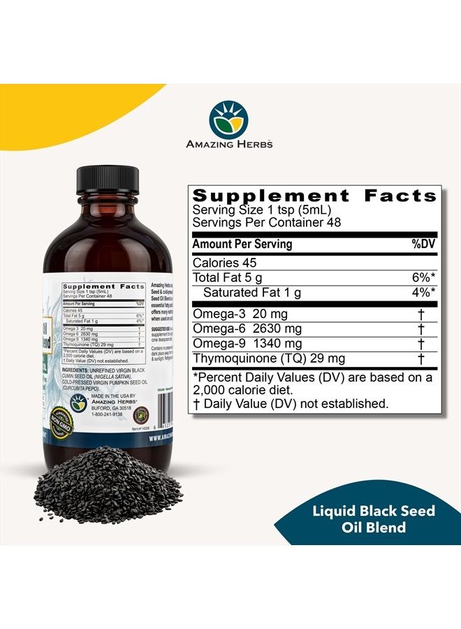 Black Seed and Pumpkin Seed Cold-Pressed Oil Blend - Gluten-Free, No Preservatives, High in Omega 3, 6, & 9, Improves Immune Respones & Promotes Digestive Health - 8 Fl Oz