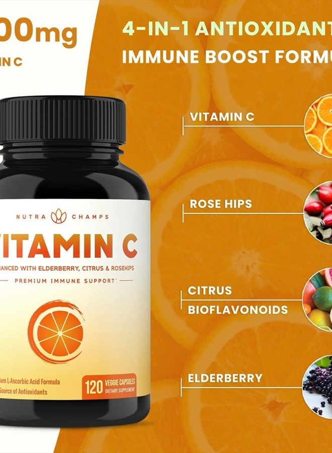 (2 Pack) Vitamin C 1000mg with Elderberry, Citrus Bioflavonoids & Rose Hips - 120 Capsules Vegan, Non-GMO Antioxidant Supplement for Immune Health & Collagen Production 500mg Powder Pills