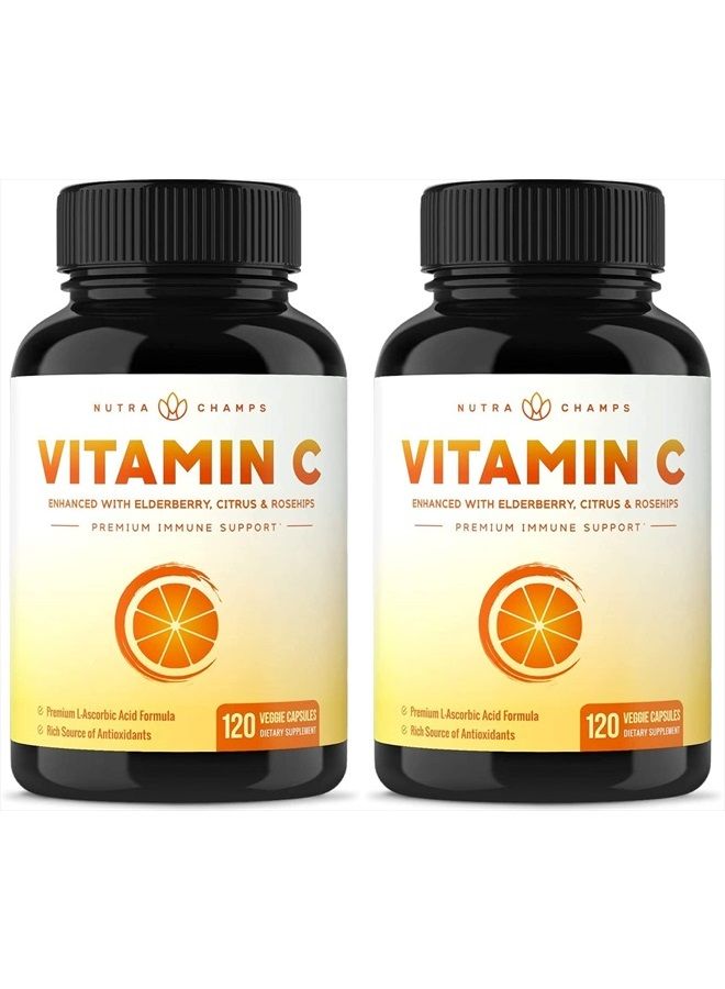 (2 Pack) Vitamin C 1000mg with Elderberry, Citrus Bioflavonoids & Rose Hips - 120 Capsules Vegan, Non-GMO Antioxidant Supplement for Immune Health & Collagen Production 500mg Powder Pills