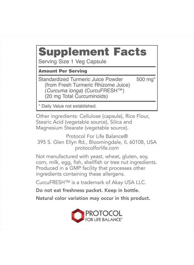 Protocol CurcuFRESH - Turmeric Curcumin 500mg - Standardized Turmeric Root Juice - 60 Veg Caps