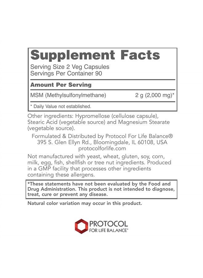 MSM Bio-Available Sulfur - Improved Absorption Formula That Promotes Healthy Cartilage and Connective Tissue - 180 Veg Capsules