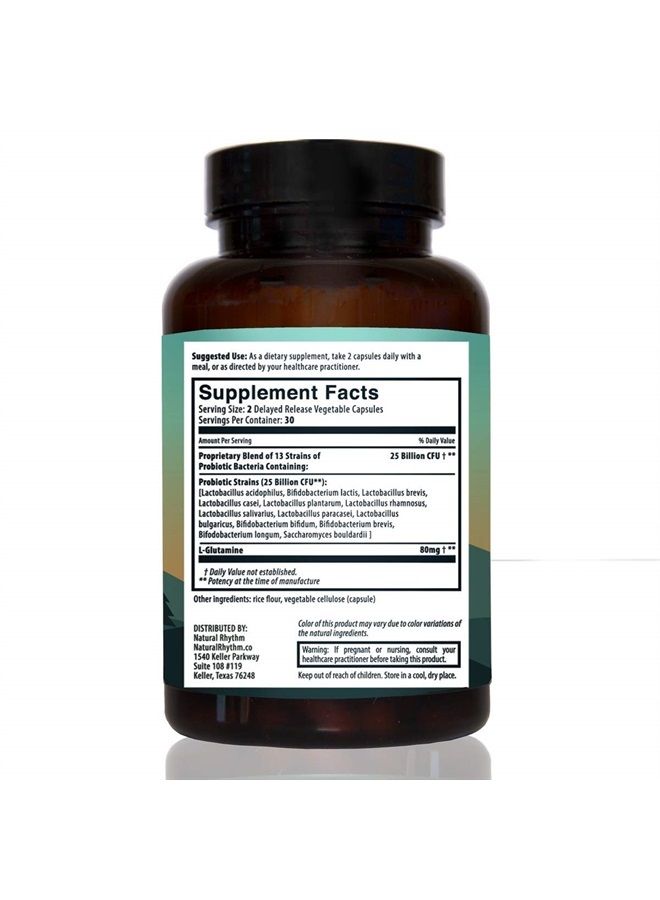 Digestive Calm Probiotic (Plus L-Glutamine) 25 Billion CFU and 13 Strains. - Natural Support for Better Digestion - for Bloating & Constipation + Gas Relief & Leaky Gut - 60 Capsules.