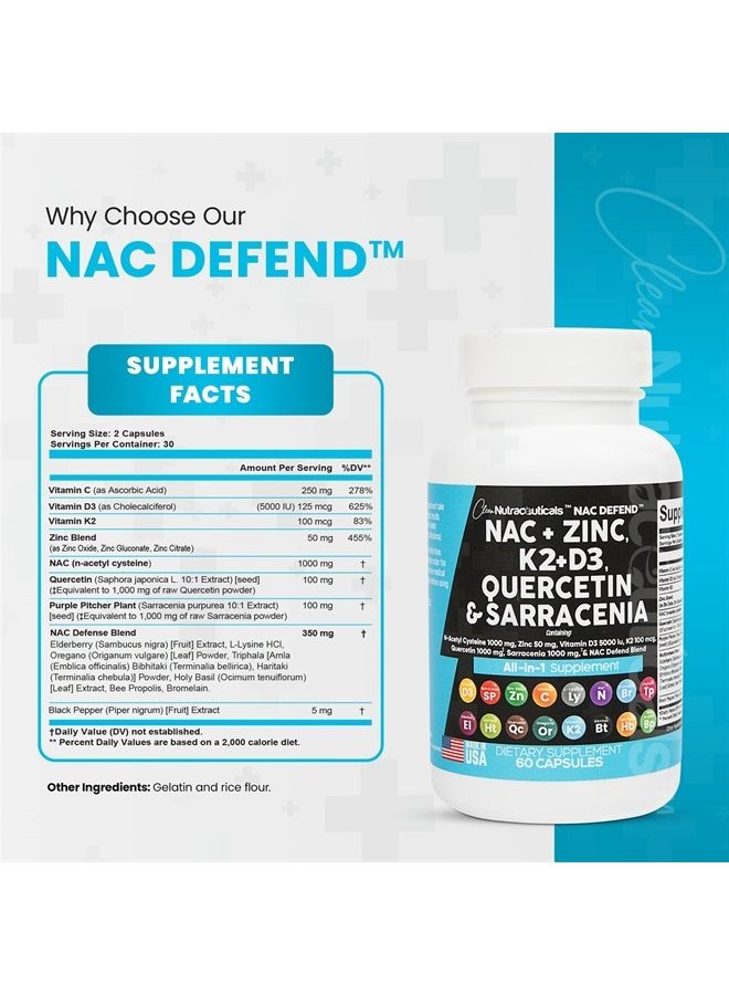 NAC Supplement N-Acetyl Cysteine 1000mg Vitamin D3 K2 Zinc Quercetin 1000mg Sarracenia Purpurea 1000mg with Elderberry Holy Basil Bee Propolis Bromelain L-Lysine Made in USA - 60 Count