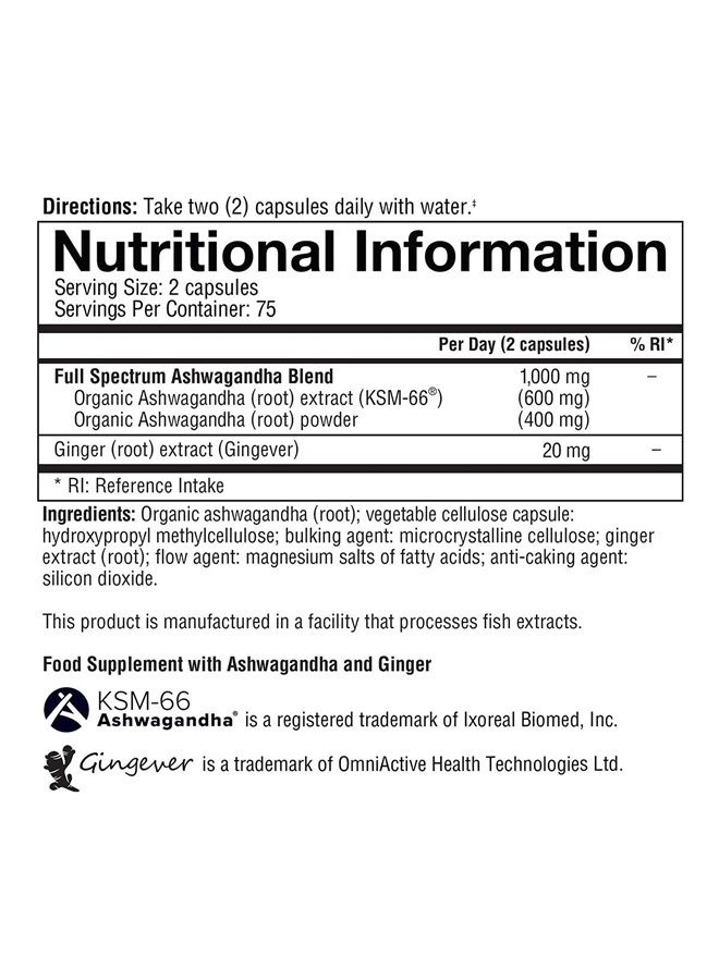 Ashwagandha Vegetarian Capsules Net Wt 150 Count