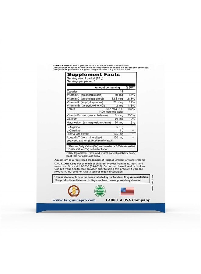 Supplement ON-The-GO Single Serve Travel Packets - 5,500mg of L-arginine Plus 1,100mg L-Citrulline (2 Bags (60 Packets), Raspberry)