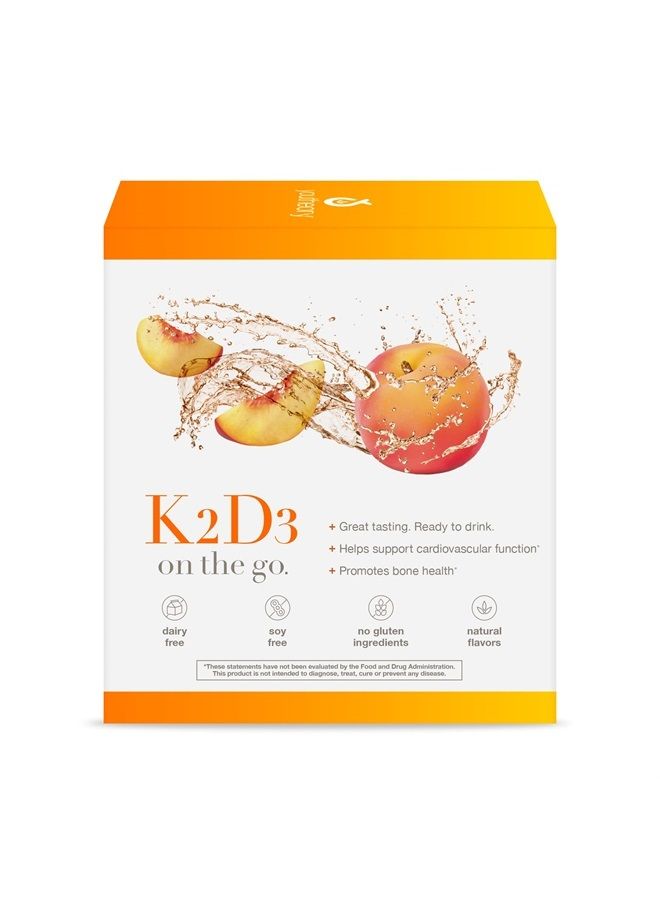 K2 and D3 Daily Vitamin Supplement for Calcium Absorption, Bone Strength and Cardiovascular Support, Liquid Peach Flavor, 12 – 1oz Single Serving Packets