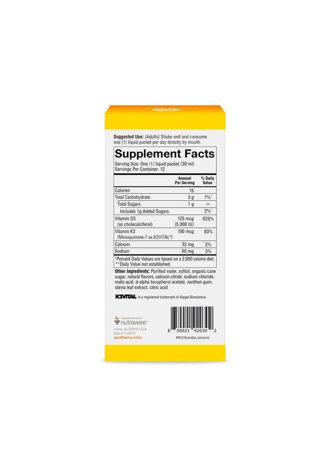 K2 and D3 Daily Vitamin Supplement for Calcium Absorption, Bone Strength and Cardiovascular Support, Liquid Peach Flavor, 12 – 1oz Single Serving Packets
