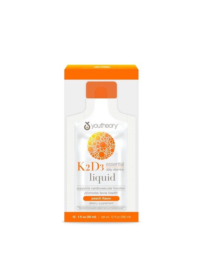 K2 and D3 Daily Vitamin Supplement for Calcium Absorption, Bone Strength and Cardiovascular Support, Liquid Peach Flavor, 12 – 1oz Single Serving Packets