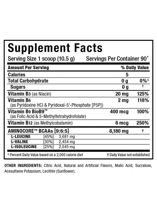 AMINOCORE BCAA Powder, 8.18 Grams of Amino Acids, Intra and Post Workout Recovery Drink, Gluten Free, White Grape, 945 g