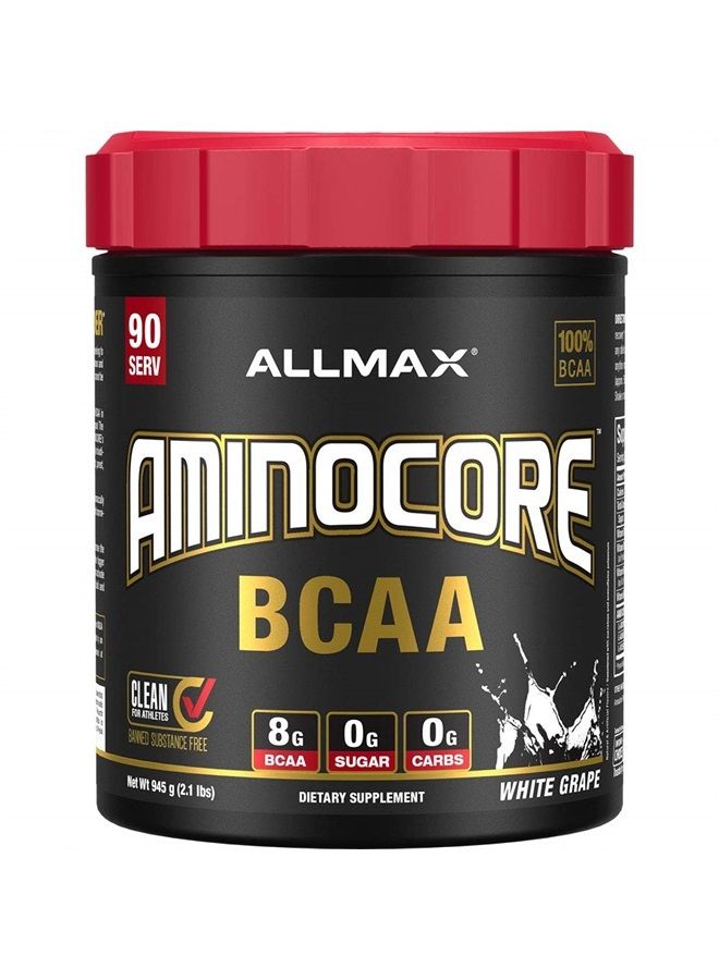 AMINOCORE BCAA Powder, 8.18 Grams of Amino Acids, Intra and Post Workout Recovery Drink, Gluten Free, White Grape, 945 g