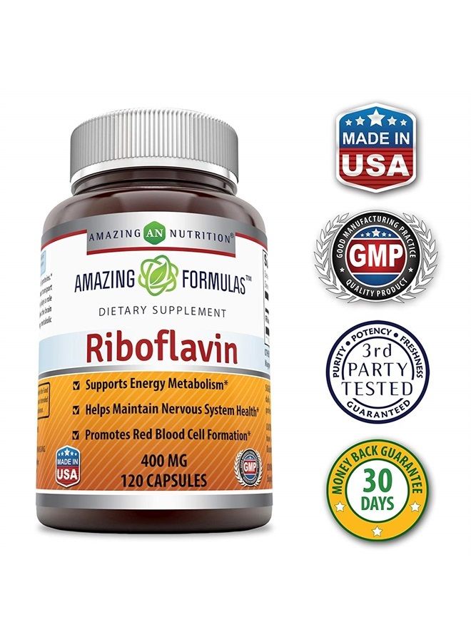 Amazing Formulas Riboflavin Dietary Supplement - 400 Milligrams - Promotes Healthier Blood - Helps Maintain Nervous System. (Pack of 2 -120 Capsules)