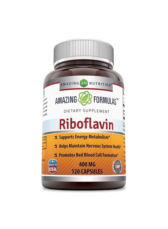 Amazing Formulas Riboflavin Dietary Supplement - 400 Milligrams - Promotes Healthier Blood - Helps Maintain Nervous System. (Pack of 2 -120 Capsules)