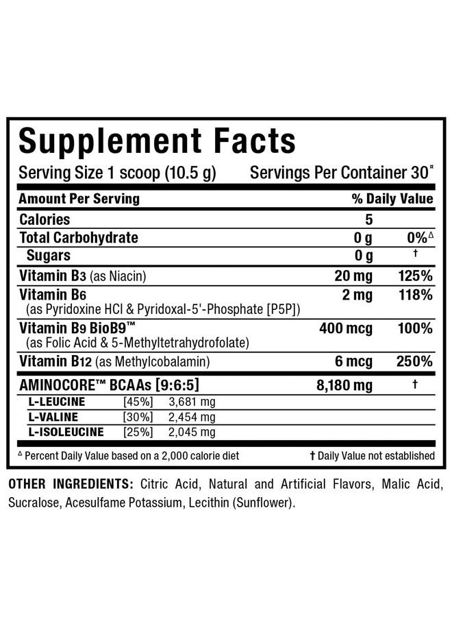 AMINOCORE BCAA Powder, 8.18 Grams of Amino Acids, Intra and Post Workout Recovery Drink, Gluten Free, White Grape, 315 g