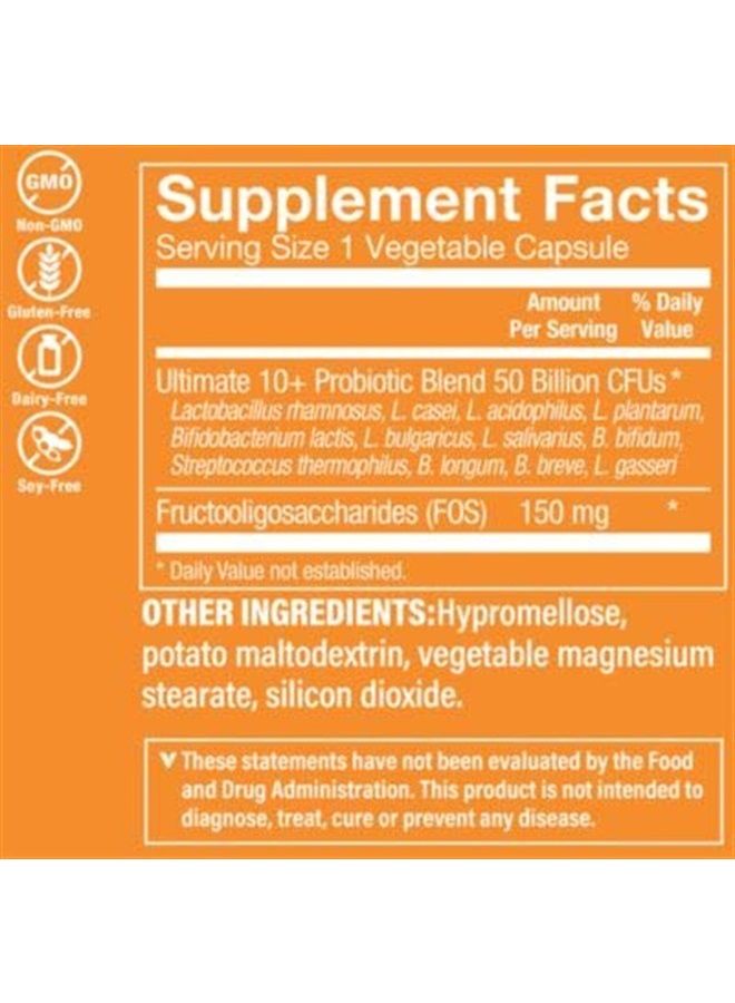 Ultimate 10+ Probiotics, 50 Billion CFUs for Digestive Health, Immune Support and Respiratory Health (60 Vegetable Capsules)