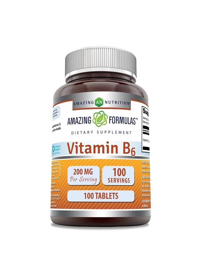 Amazing Formulas Vitamin B6 Pyridoxine 200mg 100 Tablets Supplement | Non-GMO | Gluten Free | Made in USA