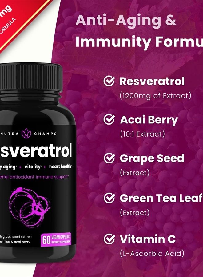 NutraChamps Inc. Resveratrol Supplement Healthy Aging, Immune Support & Heart Health - 60 Vegan Capsules