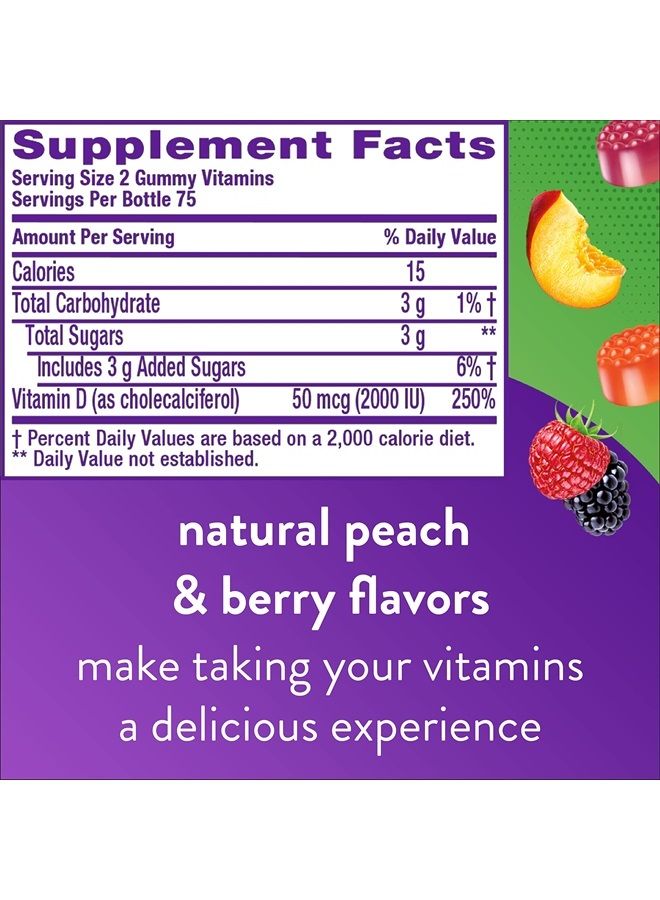 Vitamin D3 Gummy Vitamins for Bone and Immune System Support, Peach, Blackberry and Strawberry Flavored, 50 mcg Vitamin D, America's Number 1 Gummy Vitamin Brand, 75 Day Supply, 150 Count