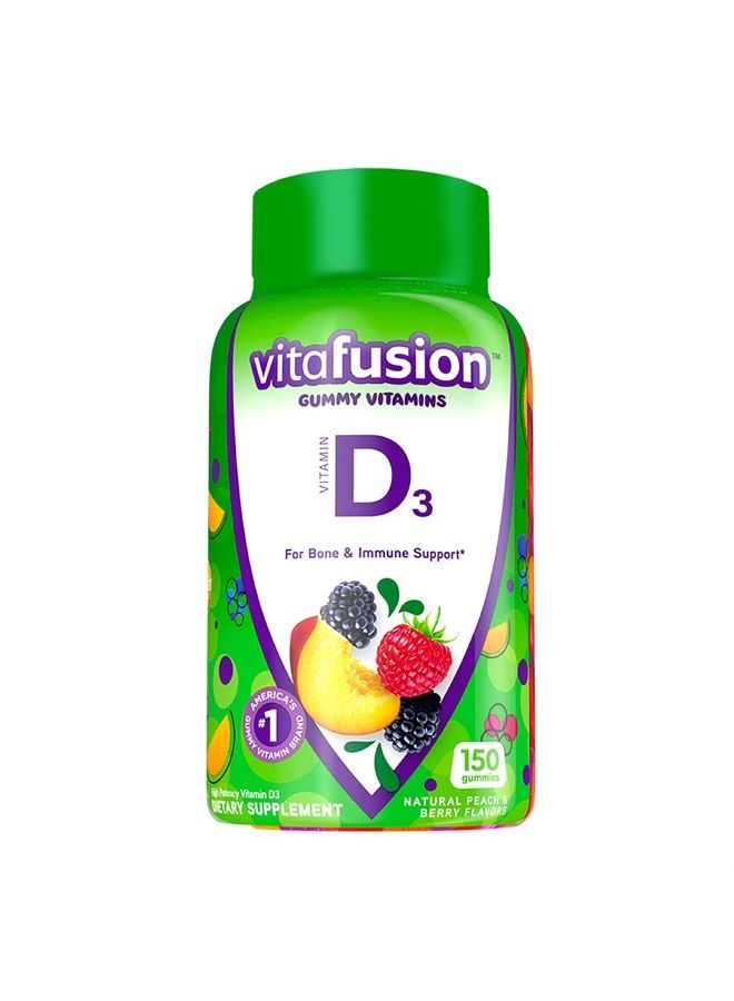 Vitamin D3 Gummy Vitamins for Bone and Immune System Support, Peach, Blackberry and Strawberry Flavored, 50 mcg Vitamin D, America's Number 1 Gummy Vitamin Brand, 75 Day Supply, 150 Count