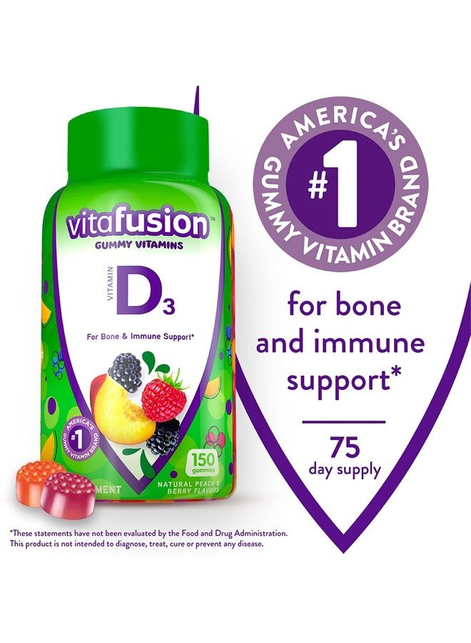 Vitamin D3 Gummy Vitamins for Bone and Immune System Support, Peach, Blackberry and Strawberry Flavored, 50 mcg Vitamin D, America's Number 1 Gummy Vitamin Brand, 75 Day Supply, 150 Count