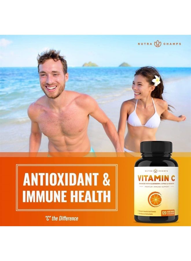 Vitamin C 1000mg with Rose Hips | Vitamin C Supplement with Elderberry & Citrus Bioflavonoids | Kids Immune Boosting Supplement | Non-GMO Antioxidants Supplement | 500mg Vitamin C Capsules Pill