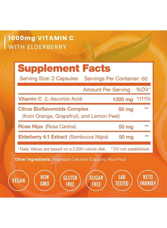 Vitamin C 1000mg with Rose Hips | Vitamin C Supplement with Elderberry & Citrus Bioflavonoids | Kids Immune Boosting Supplement | Non-GMO Antioxidants Supplement | 500mg Vitamin C Capsules Pill