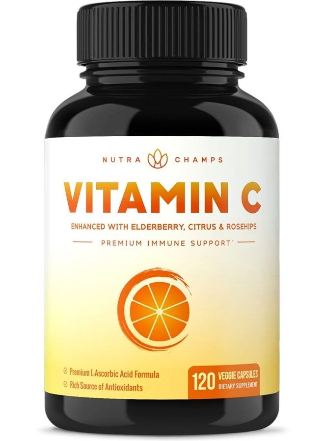 Vitamin C 1000mg with Rose Hips | Vitamin C Supplement with Elderberry & Citrus Bioflavonoids | Kids Immune Boosting Supplement | Non-GMO Antioxidants Supplement | 500mg Vitamin C Capsules Pill
