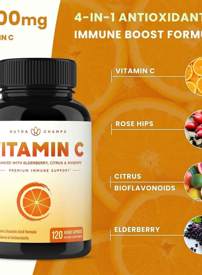 Vitamin C 1000mg with Rose Hips | Vitamin C Supplement with Elderberry & Citrus Bioflavonoids | Kids Immune Boosting Supplement | Non-GMO Antioxidants Supplement | 500mg Vitamin C Capsules Pill