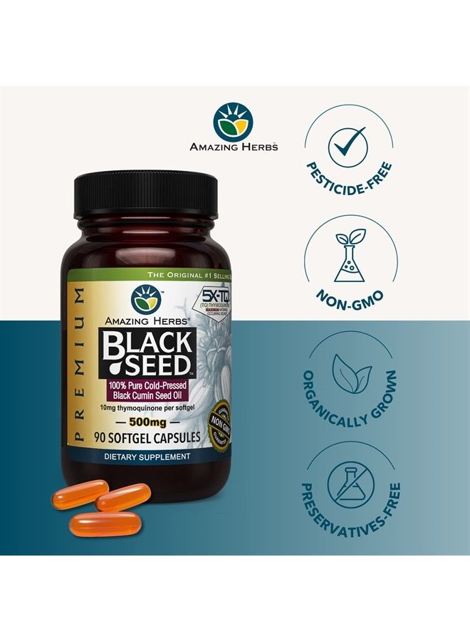 Premium Black Seed Oil Capsules - Cold Pressed Nigella Sativa Aids in Digestive Health, Immune Support, Brain Function, Gluten Free, Non GMO - 90 Count, 500mg