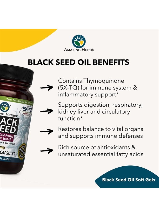 Premium Black Seed Oil Capsules - Cold Pressed Nigella Sativa Aids in Digestive Health, Immune Support, Brain Function, Gluten Free, Non GMO - 90 Count, 500mg