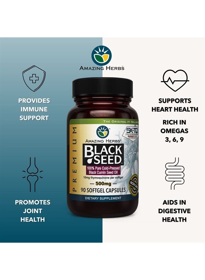 Premium Black Seed Oil Capsules - Cold Pressed Nigella Sativa Aids in Digestive Health, Immune Support, Brain Function, Gluten Free, Non GMO - 90 Count, 500mg