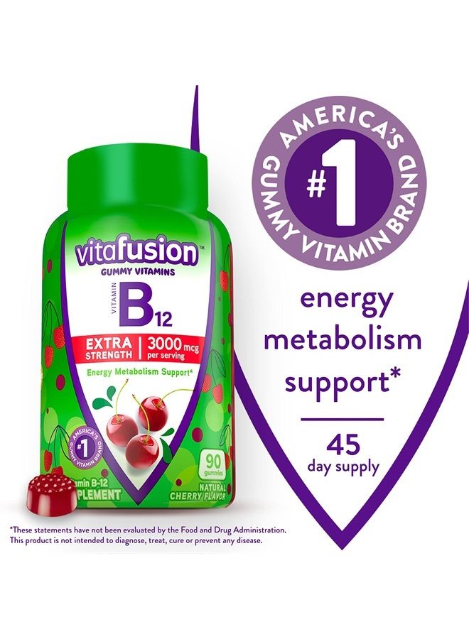 Extra Strength Vitamin B12 Gummy Vitamins For Energy Metabolism Support and Nervous System Health Support, Cherry Flavored, America's Number 1 Gummy Vitamin Brand, 45 Day Supply, 90 Count