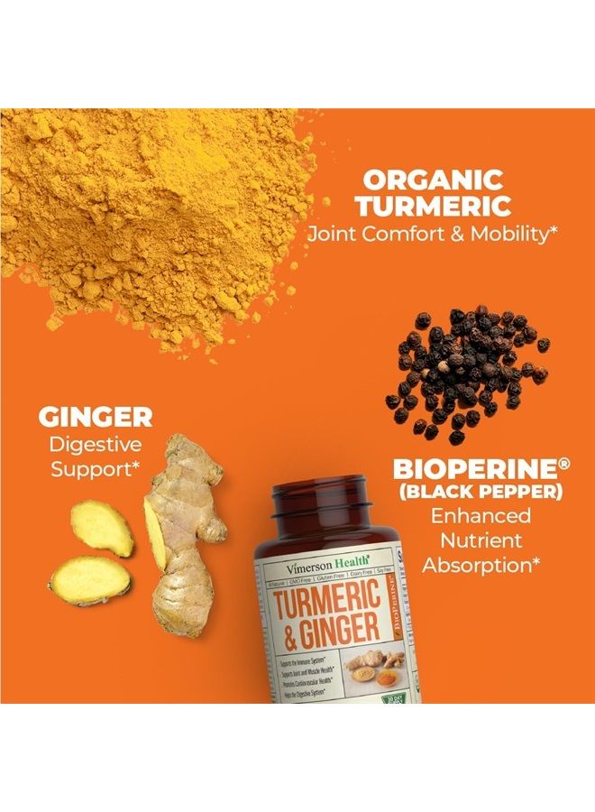 Tumeric and Ginger with Black Pepper - Natural Turmeric Curcumin Joint Support Supplement with Bioperine & 95% Curcuminoids. High Absorption Curcumin Supplements. Digestive & Immune Support. 60 Caps