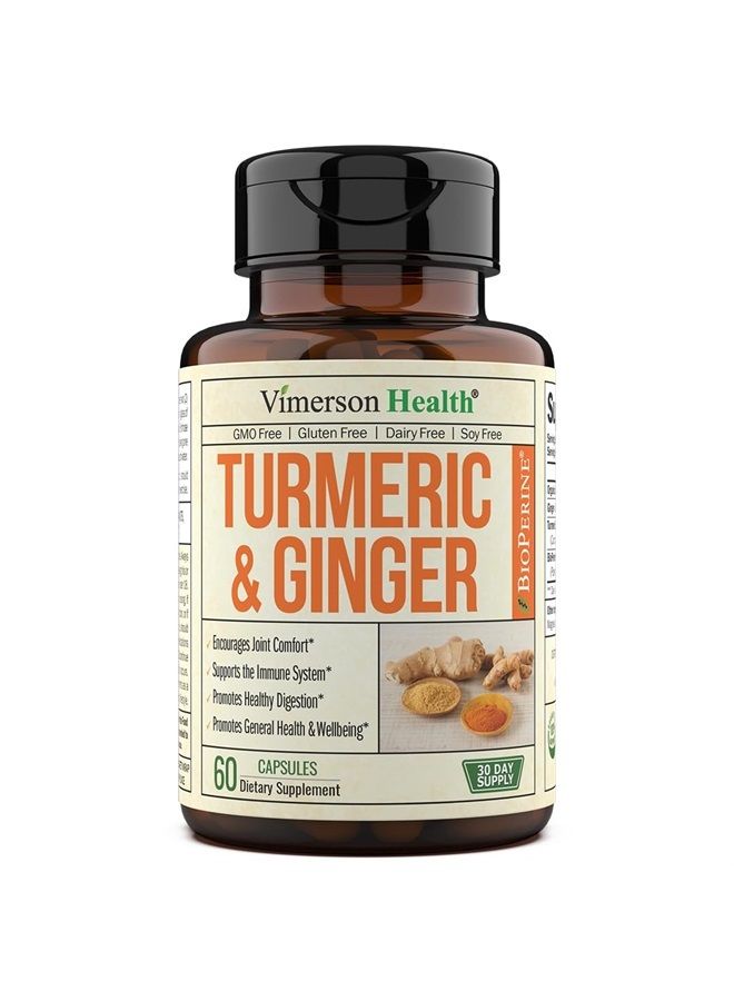 Tumeric and Ginger with Black Pepper - Natural Turmeric Curcumin Joint Support Supplement with Bioperine & 95% Curcuminoids. High Absorption Curcumin Supplements. Digestive & Immune Support. 60 Caps