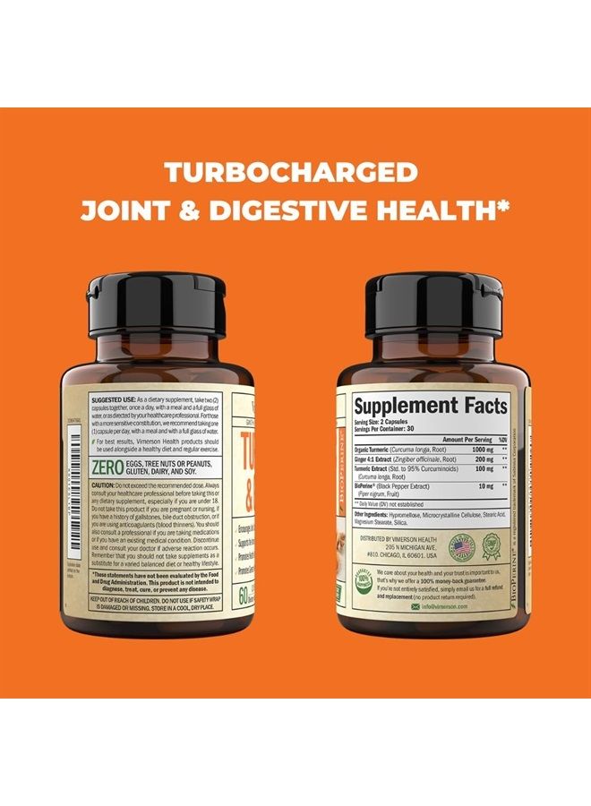 Tumeric and Ginger with Black Pepper - Natural Turmeric Curcumin Joint Support Supplement with Bioperine & 95% Curcuminoids. High Absorption Curcumin Supplements. Digestive & Immune Support. 60 Caps