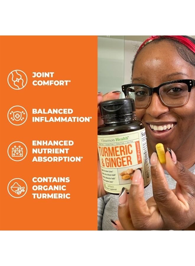 Tumeric and Ginger with Black Pepper - Natural Turmeric Curcumin Joint Support Supplement with Bioperine & 95% Curcuminoids. High Absorption Curcumin Supplements. Digestive & Immune Support. 60 Caps