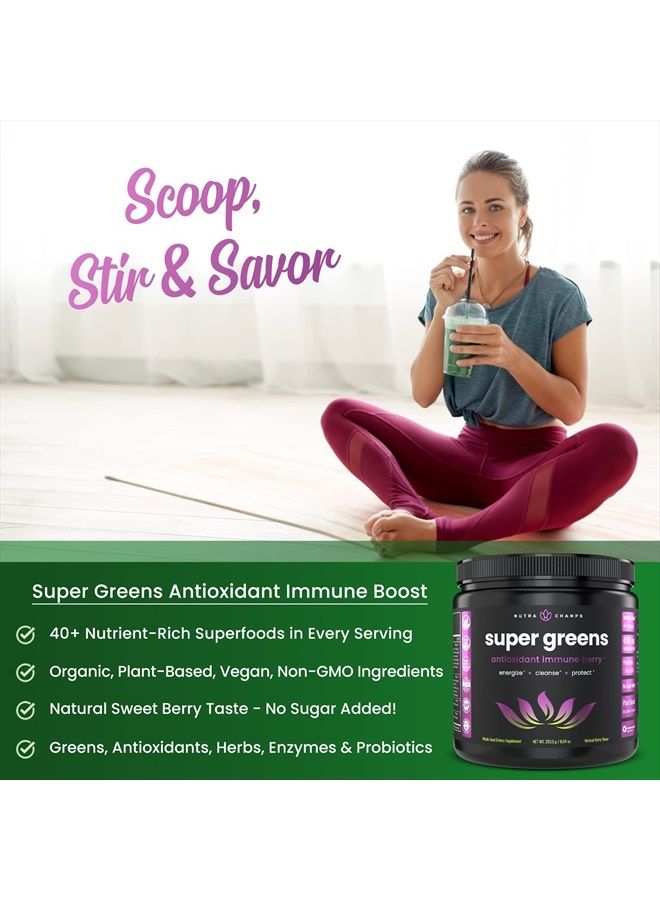 Super Greens Powder Premium Antioxidant Superfood | Organic Greens Fruit and Veggie Vegan Supplement | 40+ Greens and Superfoods Including Wheatgrass & Spirulina | Probiotic Powder Greens, Sweet Berry